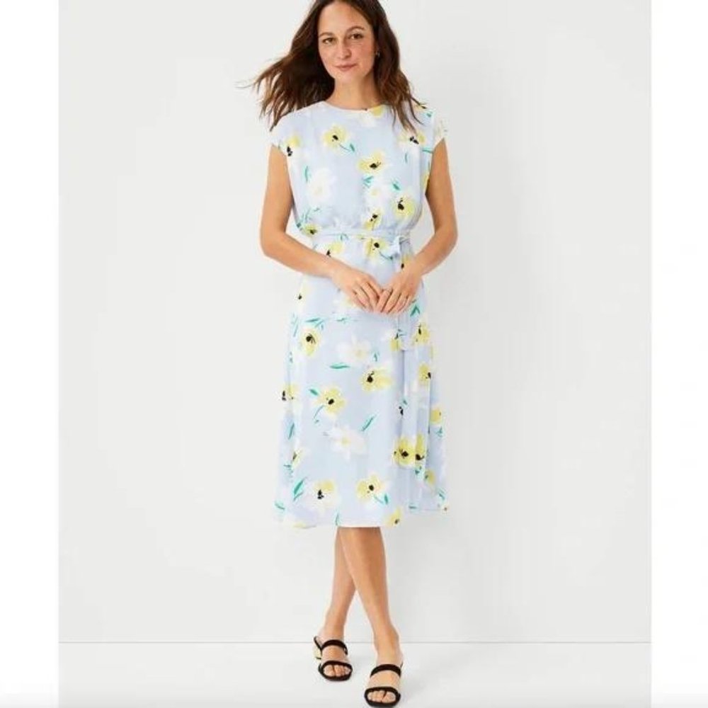 Ann Taylor Floral Tie Waist Flare Dress Size 6 New
